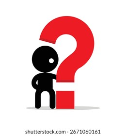Carácter 3D apoyado en la ilustración roja del signo de interrogación