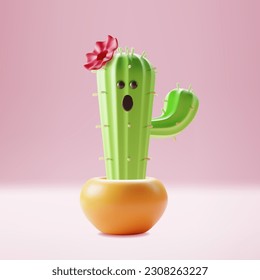 3d Character Mascot Cactus Houseplant Cartoon Style. Vector illustration of Cute Green House Plant in Pot