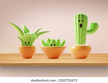 3d Character Mascot Houseplant Set Cartoon Style Include of Succulent and Cactus. Vector illustration of Cute Green House Plant