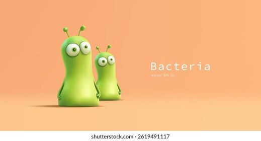 3D character of microorganisms, bacteria, and viruses. Green characters for biology, medicine, antiseptics concepts, and fantasy characters. Vector illustration.
