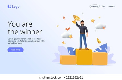 3D character People standing on podium rank first place. Happy businessman, jumps with trophy cap. Winner cup, award. Employee recognition competition award winner business 3D render illustration