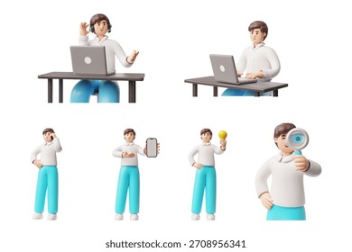 Conjunto de personajes 3D de hombres sentados en un escritorio con una computadora portátil y de pie con un teléfono, bombilla y lupa. Negocio, trabajo remoto, búsqueda, idea, comunicación, centro de llamadas. Vector.