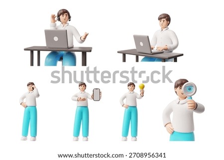3D character set of men sitting at a desk with a laptop and standing with a phone, light bulb, and magnifying glass. Business, remote work, search, idea, communication, call center. Vector.