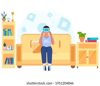 3d. The character is sitting on the couch wearing virtual reality glasses and playing a game. The concept of using new technologies. Cartoon drawing.