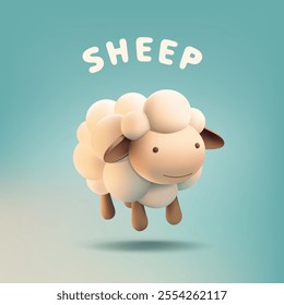 3D character of a smiling cute jumping sheep. Cheerful character for design concepts of farm animals, children's fairy tales, natural wool, and industry. Vector illustration.