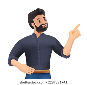 3D character smiling young man point up at good deal or offer. Pointing finger, pointer. Happy guy show with fingers up recommend good sale or discount. Copy space. 3D render vector illustration