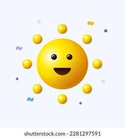 3d Character Yellow Sun Smiling with Rays Plasticine Cartoon Style Isolated on a White Background. Vector illustration of Sunshine Weather Element