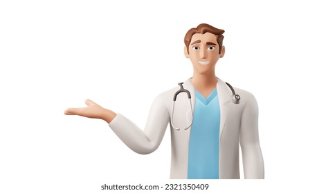 3d character of a young doctor intern in a white coat with a stethoscope pointing at something. Vector illustration eps10