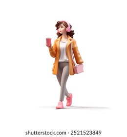 Carácter 3D de una muchacha joven, feliz en auriculares y con el café que camina. Imagen moderna de una chica con estilo para los conceptos publicitarios de la educación, el Ocio y el estilo de vida. Vector