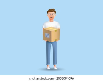 3D character. Young man holding a cardboard box in his hands. Delivery of goods and services. Courier company. The concept of fast mail delivery. Vector 3D business illustration.