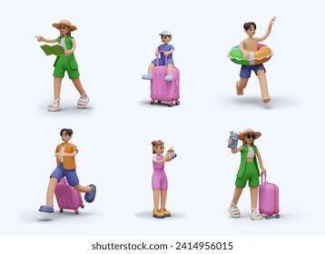 3D characters in different actions. Men, women, children tourists. Vector vacationers in cartoon style. Templates for scenes, dialogues, advertising compositions, web design