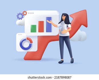 3D Characters manage finances. Woman calculating and analyzing personal or corporate budget, managing financial income, consulting with accountant. 3D cartoon vector illustration. 3D charts interface