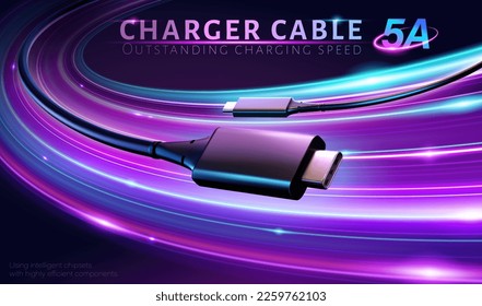 3D charger cable ad template. Charger cable with both type C adapter circle along the curving neon light trail. Concept of fast charging speed.