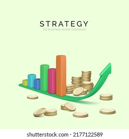 3D chart bar on rising arrow with stacks of gold coins. Statistics and analysis of business success. Graph for growth profit. business and finance. Vector illustration