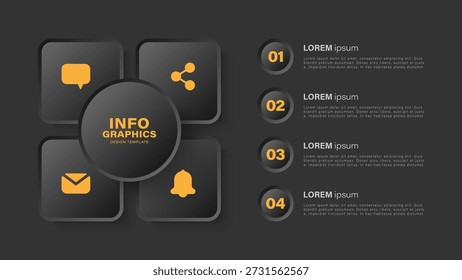 3D chart with bright yellow accents. Four step process modern infographic layout design for data visualization