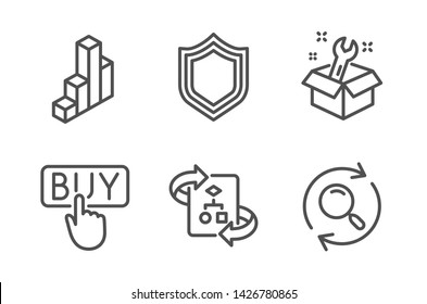 3d chart, Buying and Security icons simple set. Spanner, Technical algorithm and Search signs. Presentation column, E-commerce shopping. Technology set. Line 3d chart icon. Editable stroke. Vector