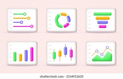 gráfico 3d, gráfico, conjunto de iconos de diagrama. Diseño gráfico de presentación de negocios. Datos financieros, informe, plantilla de análisis. Concepto infográfico. Ilustración vectorial.