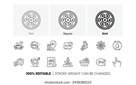 3d chart, New products and Honeymoon travel line icons. Pack of Diesel station, Cable section, Message icon. Like, Ab testing, Cursor pictogram. Refill water, Checked calculation, Delete order. Vector