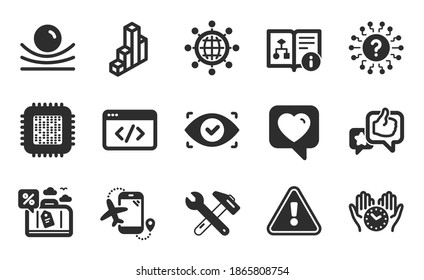 3d chart, Safe time and Technical algorithm icons simple set. Like, International globe and Cpu processor signs. Seo script, Heart and Elastic material symbols. Flat icons set. Vector