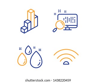 3d chart, Search and Water drop icons simple set. Wifi sign. Presentation column, Find file, Aqua. Wi-fi internet. Linear 3d chart icon. Colorful design set. Vector