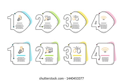3d chart, Search and Water drop icons simple set. Wifi sign. Presentation column, Find file, Aqua. Wi-fi internet. Infographic timeline. Line 3d chart icon. 4 options or steps. Vector