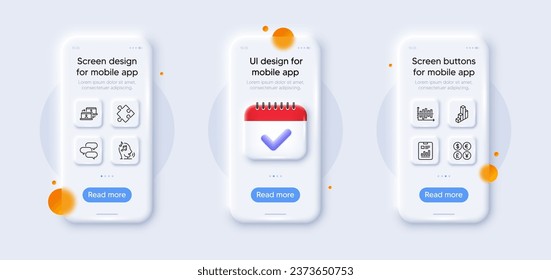 3d chart, Strategy and Voicemail line icons pack. 3d phone mockups with calendar. Glass smartphone screen. Talk bubble, Outsource work, Diagram chart web icon. Vector