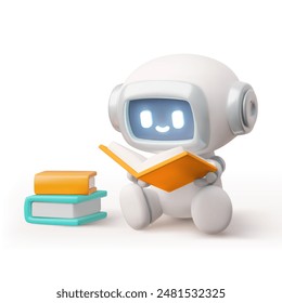 3D chat bot. Robot sits and reads books, studies information, learns. Robotic machine with artificial intelligence. Small online virtual assistant. Vector illustration isolated on white background.