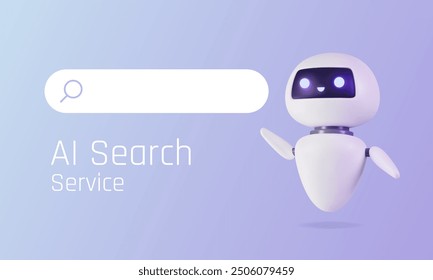 3d chat bot with search bar. Ai robotics help with seo, information, question. Artificial intelligence support, service concept. Cute neural character. Vector illustration. Network development.
