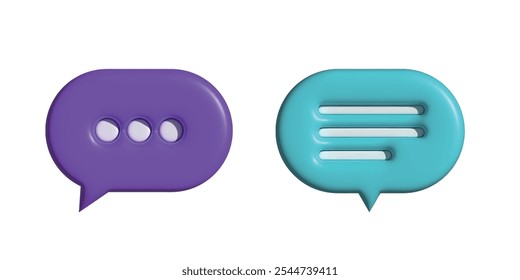 3D chat bubble icons with dots and lines representing messaging or conversation. Elements for social media and communication design.