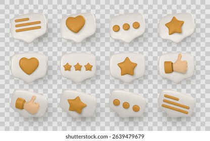 3D Chat Bubble Icons With Like, Star, Heart, and Message Symbols in Glossy Cartoon Style for Social Media UI and App Design on Transparent Background. Vector Illustration.