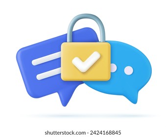 3d Chat bubble rendering. 3d Chatting, message box. private chat data protection secured with locked padlock and check mark icon. Social network communication concept. Vector illustration