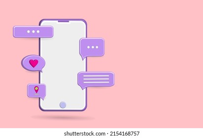 3D chat bubble smartphone icon vector with purple color and pink background for your social media post or sales promotion business