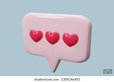 3D Chat bubble speech icon with red hearts isolated on backgrounds. love social media notifications. Social media speech bubble with heart. 3D Vector illustration.