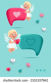 3d chat bubbles with cute cupid. Love correspondence. Valentine’s Day vector illustration