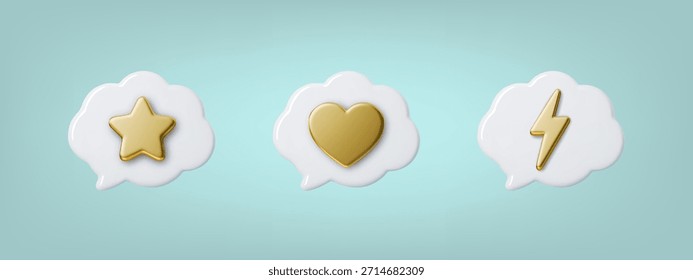 Bolhas de bate-papo 3D com detalhes de coração, estrela e relâmpagos. Ícones de balão de fala em ouro para interfaces de caixa de diálogo e de mensagens.