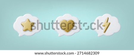 3D chat bubbles featuring goldern heart, star, and lightning accents. Speech balloon icons in gold for dialogue and messaging interfaces.