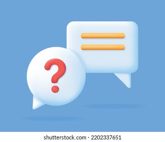 3d Chat bubbles with question mark and answer. White Speech or speak bubble on blue background. FAQ, support, help center. Social network communication concept. Vector illustration.