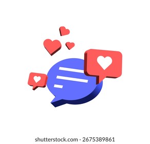 Icono de chat en 3D corazón como símbolo de burbuja de discurso Iconos de mensaje de chat - mensajes de charla amor Icono de cuadro de texto de discurso de chat de burbuja, concepto de fondo de comunicación de redes sociales. Ilustración vectorial	