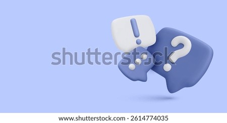 3D Chat Icons With Question And Exclamation Marks On Blue Background. Ideal For Support Pages, Communication Apps, Or Web Interfaces. Clean And Minimal Vector Illustration.