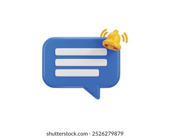 Mensaje de chat 3D Icono de burbuja de discurso azul con aviso de alerta de aviso de campana para Ilustración vectorial de íconos de mensaje