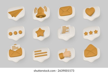 3D Chat and Message Icons in Modern Minimal Style. Soft Rounded Speech Bubbles with Communication Symbols on Grey Background. Vector Illustration.