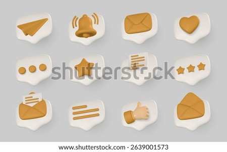 3D Chat and Message Icons in Modern Minimal Style. Soft Rounded Speech Bubbles with Communication Symbols on Grey Background. Vector Illustration.