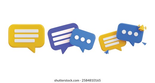 3d chat message speech bubble icon with bell notification alert icon set vector illustration