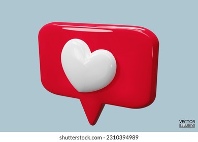 3D Chat red bubble speech icon with white hearts isolated on backgrounds. love social media notifications. Social media speech bubble with heart. 3D Vector illustration.
