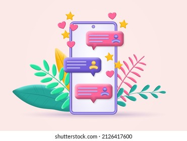 3d chat with speech bubbles on the smartphone screen. Mobile phone with text message or sms and like icons. Social media, online communication, dialog concept. Vector illustration.