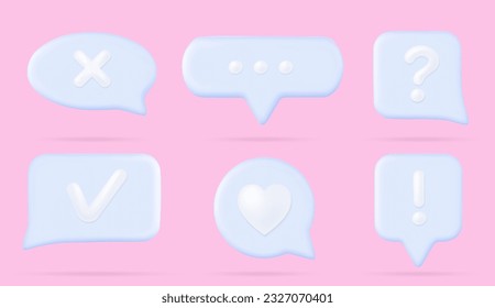 3d chat speech bubbles, text boxes for dialog messages or comments in social media app. Talk clouds different shapes with icons of check and cross marks, heart and question sign. 3D Illustration
