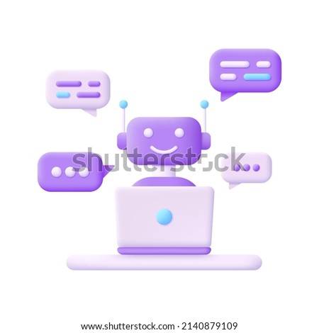 3D Chatbot and laptop isolated on white background. AI assistant support and FAQ concept. Cute robot. Can be used for many purposes. Trendy and modern vector in 3d style.