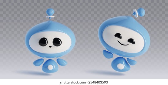 Conjunto de mascotas de chatbot 3D aisladas sobre fondo transparente. Vector ilustración realista de personaje robot lindo con cuerpo azul y cara sonriente feliz, asistente de IA, robot de computadora, tecnología futura