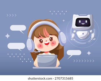 3D chatbot speech bubbles with woman character. AI communication and virtual support. Concept of AI and machine learning. 3D Rendering. Vector illustration