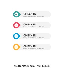 3d Check in Button set with icon. beautiful text button with icon. Orange Button, Blue Button, Red Button, Turquoise button. Call to action icon button. Flat Button Set. Vector Illustration